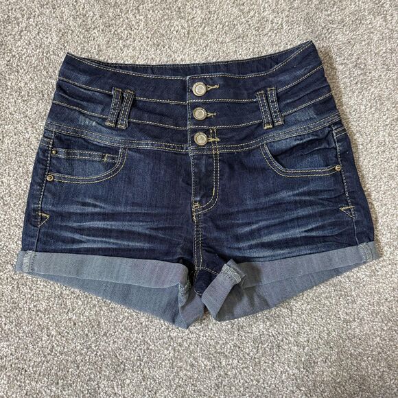 1st Kiss Denim Shorts Womens 7 Dark Wash High Rise Triple Button Cuffed Cute - Picture 1 of 11